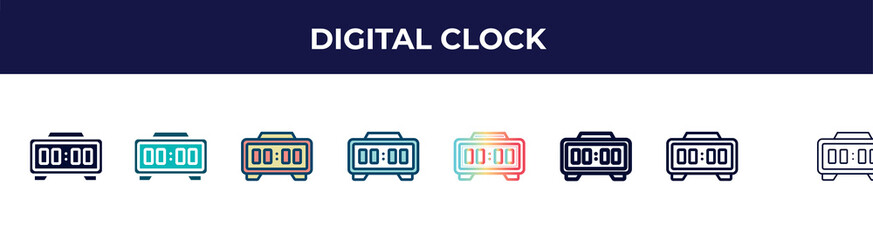 Poster - digital clock icon in 8 styles. line, filled, glyph, thin outline, colorful, stroke and gradient styles, digital clock vector sign. symbol, logo illustration. different style icons set.