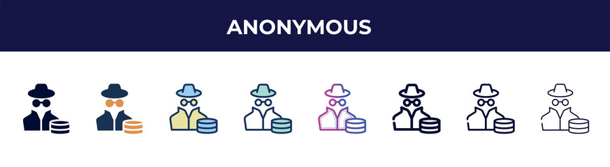 Poster - anonymous icon in 8 styles. line, filled, glyph, thin outline, colorful, stroke and gradient styles, anonymous vector sign. symbol, logo illustration. different style icons set.