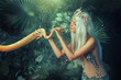 © kharchenkoirina - Legend mythical Nagga woman queen sea touch holds milk snake in hands. Blond girl long white flowing hair. Backdrop landscape tropical plants, green leaves. Girl mermaid silver color sexy art costume.