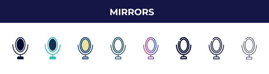 Poster - mirrors icon in 8 styles. line, filled, glyph, thin outline, colorful, stroke and gradient styles, mirrors vector sign. symbol, logo illustration. different style icons set.