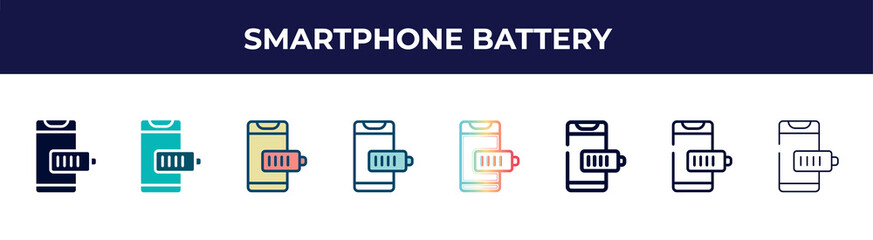 Poster - smartphone battery icon in 8 styles. line, filled, glyph, thin outline, colorful, stroke and gradient styles, smartphone battery vector sign. symbol, logo illustration. different style icons set.