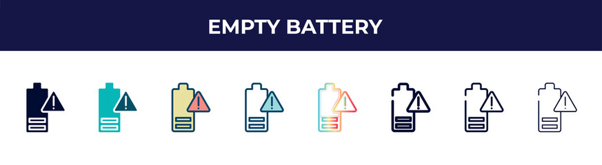 Poster - empty battery icon in 8 styles. line, filled, glyph, thin outline, colorful, stroke and gradient styles, empty battery vector sign. symbol, logo illustration. different style icons set.