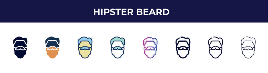 Poster - hipster beard icon in 8 styles. line, filled, glyph, thin outline, colorful, stroke and gradient styles, hipster beard vector sign. symbol, logo illustration. different style icons set.