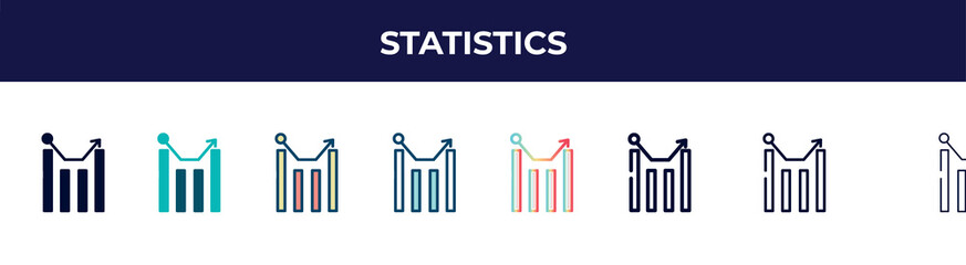 Poster - statistics icon in 8 styles. line, filled, glyph, thin outline, colorful, stroke and gradient styles, statistics vector sign. symbol, logo illustration. different style icons set.
