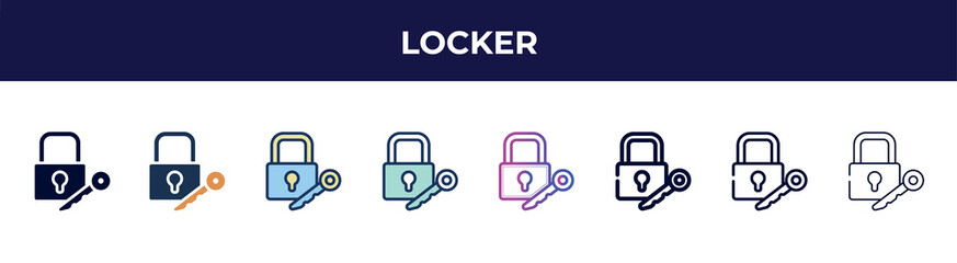 Poster - locker icon in 8 styles. line, filled, glyph, thin outline, colorful, stroke and gradient styles, locker vector sign. symbol, logo illustration. different style icons set.