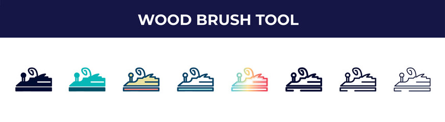 Poster - wood brush tool icon in 8 styles. line, filled, glyph, thin outline, colorful, stroke and gradient styles, wood brush tool vector sign. symbol, logo illustration. different style icons set.