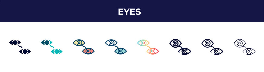 Poster - eyes icon in 8 styles. line, filled, glyph, thin outline, colorful, stroke and gradient styles, eyes vector sign. symbol, logo illustration. different style icons set.
