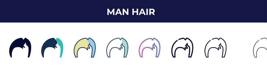 Poster - man hair icon in 8 styles. line, filled, glyph, thin outline, colorful, stroke and gradient styles, man hair vector sign. symbol, logo illustration. different style icons set.