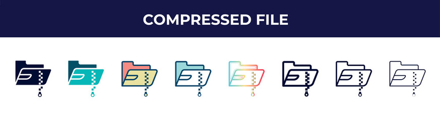 Poster - compressed file icon in 8 styles. line, filled, glyph, thin outline, colorful, stroke and gradient styles, compressed file vector sign. symbol, logo illustration. different style icons set.