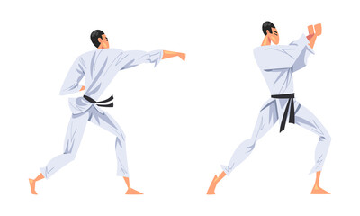 Wall Mural - Men wearing white kimono practicing karate martial art cartoon vector illustration