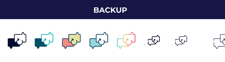 Poster - backup icon in 8 styles. line, filled, glyph, thin outline, colorful, stroke and gradient styles, backup vector sign. symbol, logo illustration. different style icons set.