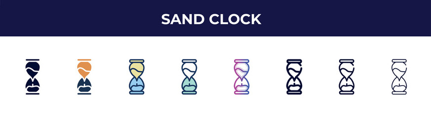 Poster - sand clock icon in 8 styles. line, filled, glyph, thin outline, colorful, stroke and gradient styles, sand clock vector sign. symbol, logo illustration. different style icons set.