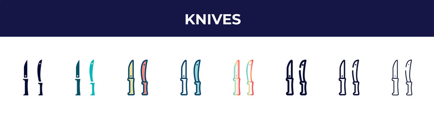 Poster - knives icon in 8 styles. line, filled, glyph, thin outline, colorful, stroke and gradient styles, knives vector sign. symbol, logo illustration. different style icons set.