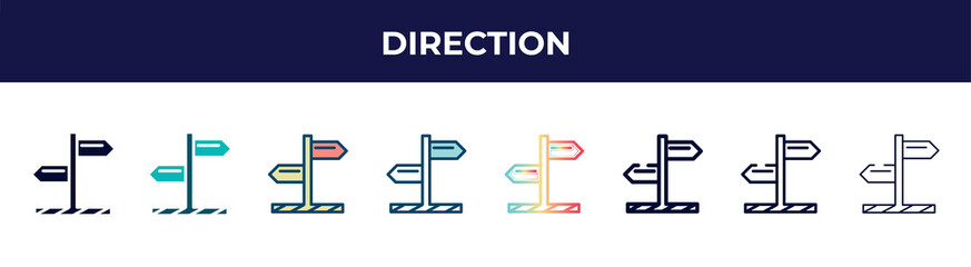 Poster - direction icon in 8 styles. line, filled, glyph, thin outline, colorful, stroke and gradient styles, direction vector sign. symbol, logo illustration. different style icons set.