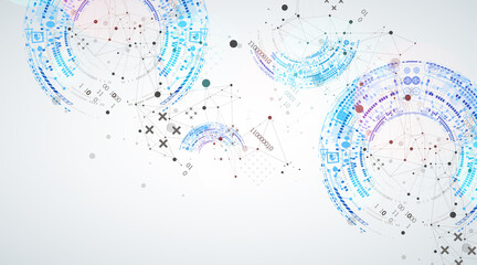 Abstract background with plexus effect. Scientific and technological concept with the use of technical elements formed in the shape of a circle.
