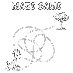 Wall Mural - Maze puzzle game for children. Outline maze or labyrinth. Find path game with giraffe.