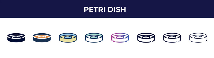 Poster - petri dish icon in 8 styles. line, filled, glyph, thin outline, colorful, stroke and gradient styles, petri dish vector sign. symbol, logo illustration. different style icons set.