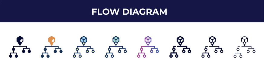 Poster - flow diagram icon in 8 styles. line, filled, glyph, thin outline, colorful, stroke and gradient styles, flow diagram vector sign. symbol, logo illustration. different style icons set.