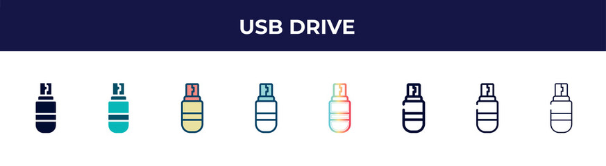 Poster - usb drive icon in 8 styles. line, filled, glyph, thin outline, colorful, stroke and gradient styles, usb drive vector sign. symbol, logo illustration. different style icons set.