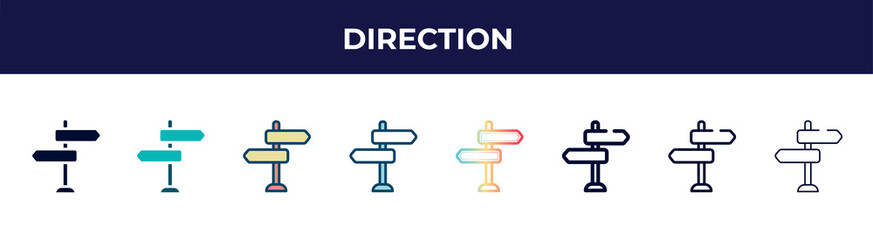 Poster - direction icon in 8 styles. line, filled, glyph, thin outline, colorful, stroke and gradient styles, direction vector sign. symbol, logo illustration. different style icons set.