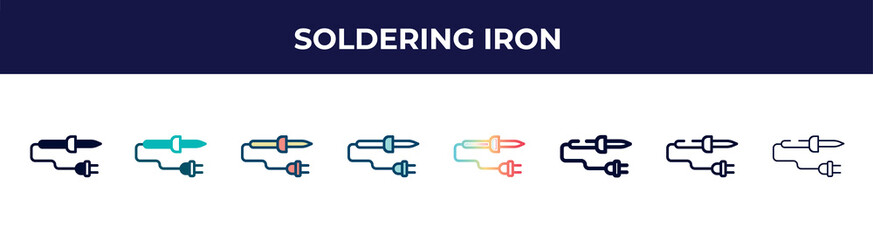 Poster - soldering iron icon in 8 styles. line, filled, glyph, thin outline, colorful, stroke and gradient styles, soldering iron vector sign. symbol, logo illustration. different style icons set.