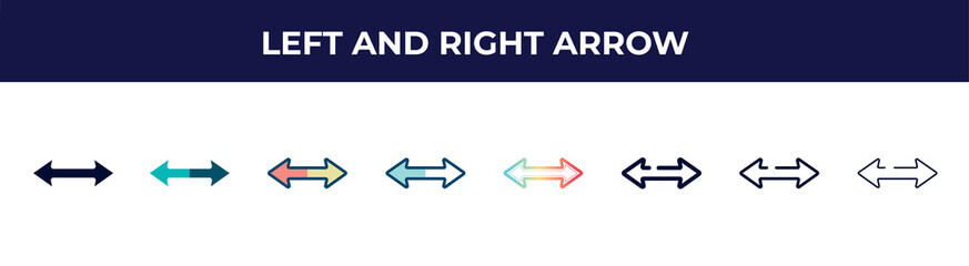 Poster - left and right arrow icon in 8 styles. line, filled, glyph, thin outline, colorful, stroke and gradient styles, left and right arrow vector sign. symbol, logo illustration. different style icons