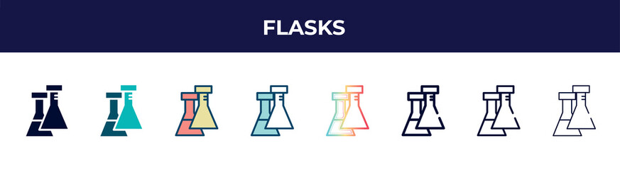 Poster - flasks icon in 8 styles. line, filled, glyph, thin outline, colorful, stroke and gradient styles, flasks vector sign. symbol, logo illustration. different style icons set.