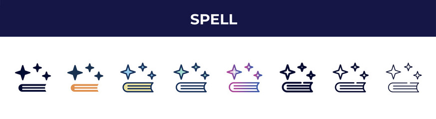 Poster - spell icon in 8 styles. line, filled, glyph, thin outline, colorful, stroke and gradient styles, spell vector sign. symbol, logo illustration. different style icons set.