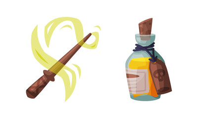 Sticker - Magic wand and potion bottle. Witchcraft attributes, halloween objects cartoon vector illustration