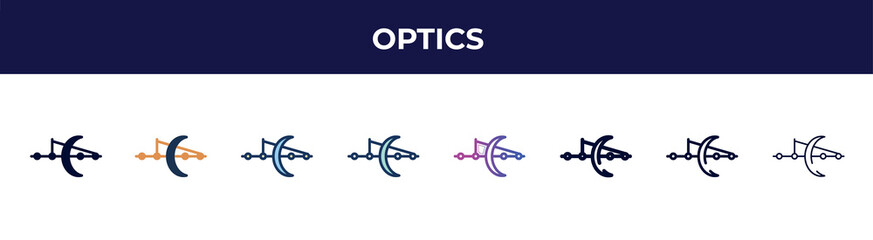 Poster - optics icon in 8 styles. line, filled, glyph, thin outline, colorful, stroke and gradient styles, optics vector sign. symbol, logo illustration. different style icons set.