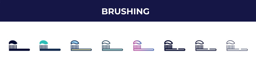 Poster - brushing icon in 8 styles. line, filled, glyph, thin outline, colorful, stroke and gradient styles, brushing vector sign. symbol, logo illustration. different style icons set.