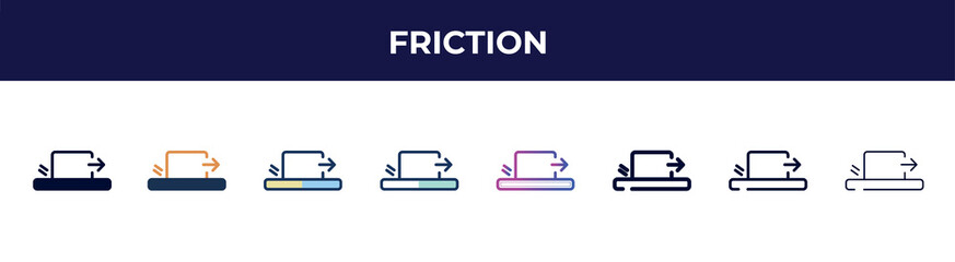 Poster - friction icon in 8 styles. line, filled, glyph, thin outline, colorful, stroke and gradient styles, friction vector sign. symbol, logo illustration. different style icons set.