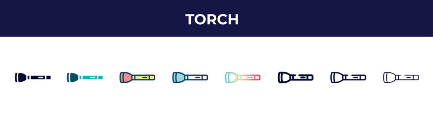 Poster - torch icon in 8 styles. line, filled, glyph, thin outline, colorful, stroke and gradient styles, torch vector sign. symbol, logo illustration. different style icons set.
