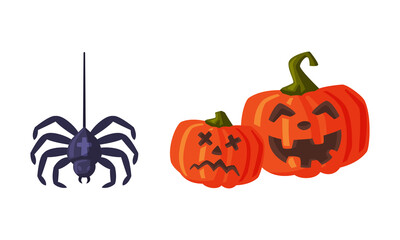 Sticker - Spider and halloween scary pumpkins. Witchcraft attributes, halloween objects cartoon vector illustration