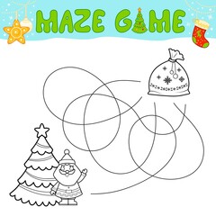 Wall Mural - Christmas Maze puzzle game for children. Outline maze or labyrinth. Find path game with christmas bag.