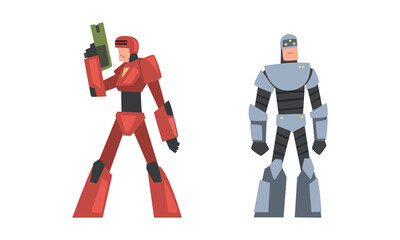 Wall Mural - Cyborg soldiers with gun set. Man in robot costumes cartoon vector illustration