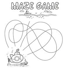 Wall Mural - Maze puzzle game for children. Outline maze or labyrinth. Find path game with submarine.