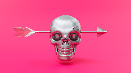 Metal skull was shot through the head by an arrow or dart. on pink background. 3D Render.