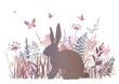 Floral pastel background with rabbit, wildflowers and butterflies. Easter background.