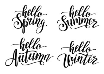 Sticker - Hello Winter, Spring, Summer and Autumn hand drawn lettering phrases.