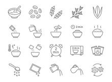 Cereal Meal Line Icons. Vector Outline Illustration With Icon - Microwave Oven, Boiled Kettle, Grain Food, Warm Healthy Wheat Food. Pictogram For Oatmeal Breakfast Porridge. Editable Stroke