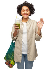 Wall Mural - eco living, zero waste and sustainability concept - portrait of happy smiling young woman with reusable string bag drinking green takeaway smoothie or shake over white background