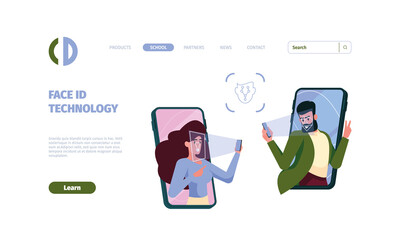 Poster - face id landing. biometrical unlock smartphones personal identification systems garish vector web pa