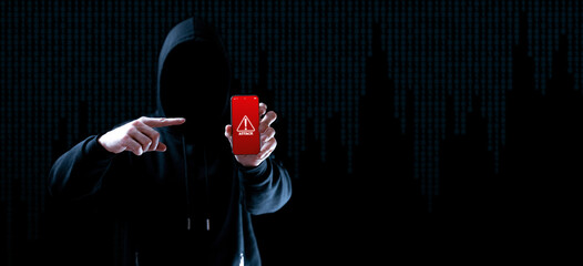 Wall Mural - Cyber attack hacker smartphone. Internet web hack technology. Digital mobile phone in hacker man hand isolated on black. Data protection, secured internet access, cybersecurity banner.