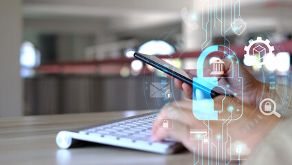 Poster - Digital padlock icon, a cyber security network, and data protection technologies. Online internet approved access to protect against cyber-attacks, as well as the concept of commercial data privacy.