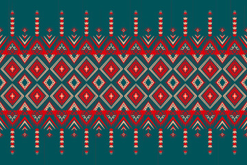 Wall Mural - Red and Orange Flower on Blue Teal. Geometric ethnic oriental pattern traditional Design for background,carpet,wallpaper,clothing,wrapping,Batik,fabric, illustration embroidery style