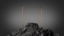 3d Render, Abstract Black Geometric Background With Rocky Ground And Golden Square Frame, Showcase Scene With Empty Space For Product Presentation