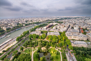 Sticker - Paris, France. Overhead aerial view of city skyline and Seine river.