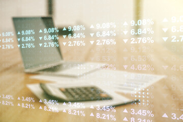 Aufkleber - Double exposure of abstract virtual statistics data hologram on blurry calculator with laptop background, statistics and analytics concept