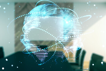 Poster - abstract graphic digital world map hologram with connections on a modern coworking room background, 